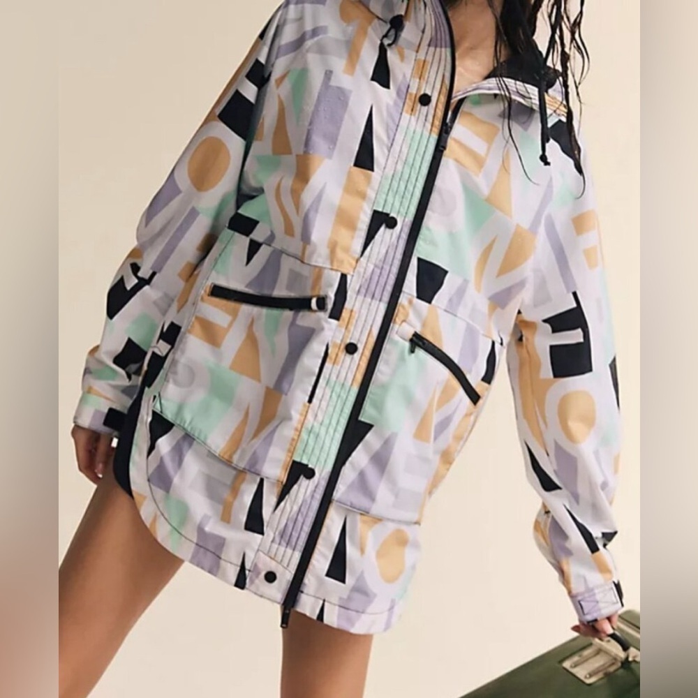 NWT Free People Singin' In The Rain Printed Packable Jacket in Blocked Logo